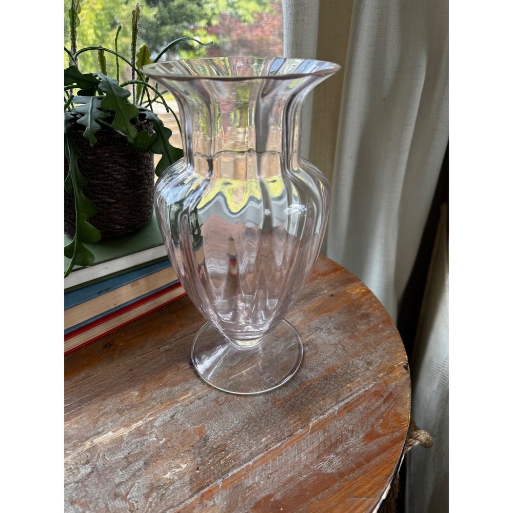 Vintage Tiffin Style Pink Ribbed Glass Vase Flared Rim Pedestal Base Optic Glass